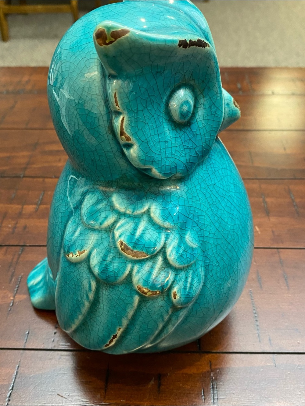 Large 9” Teal/Turquoise Ceramic Owl Figurine - Aged Vintage Look Home Decor - Picture 7 of 11